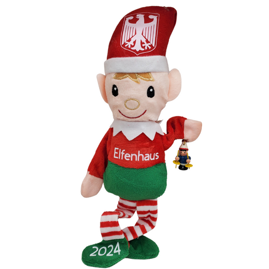 Elfenhaus The German Elf Plush Doll by Pierogi Gifts wearing red and green outfit with 2024 on shoe
