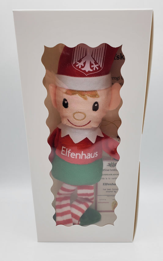Elfenhaus The German Elf Plush Doll by Pierogi Gifts in red hat and striped stockings in white box