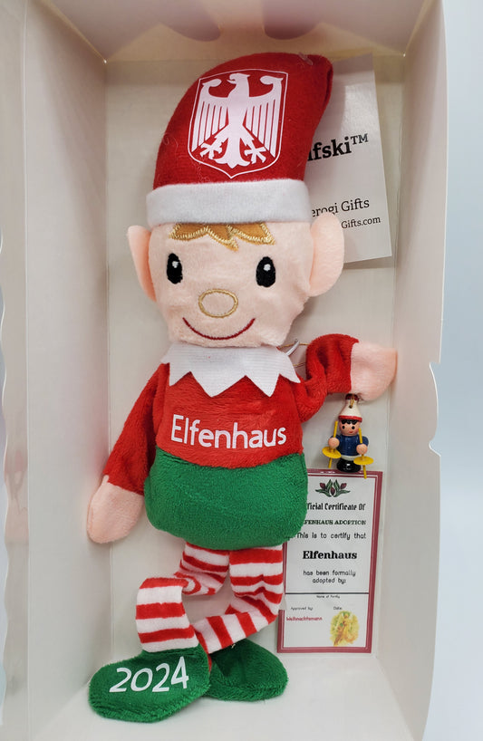 Elfenhaus The German Elf Plush Doll by Pierogi Gifts wearing red and green outfit with 2024 on shoes