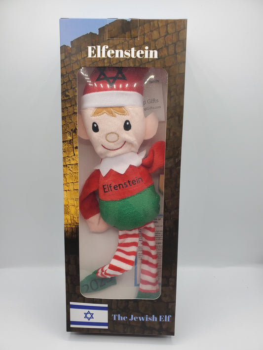Elfenstein The Jewish Elf Plush Doll by Pierogi Gifts in red and green outfit with striped legs in gift box