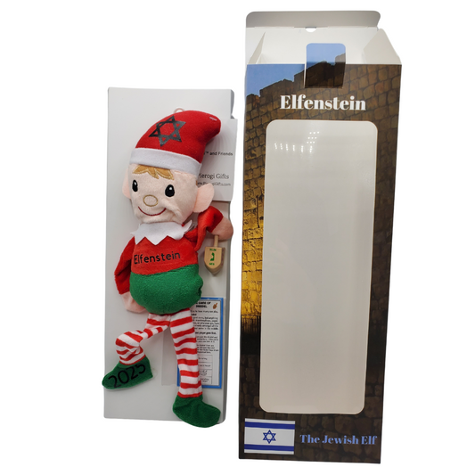 Elfenstein The Jewish Elf Plush Doll by Pierogi Gifts with red hat and striped pants next to its packaging box