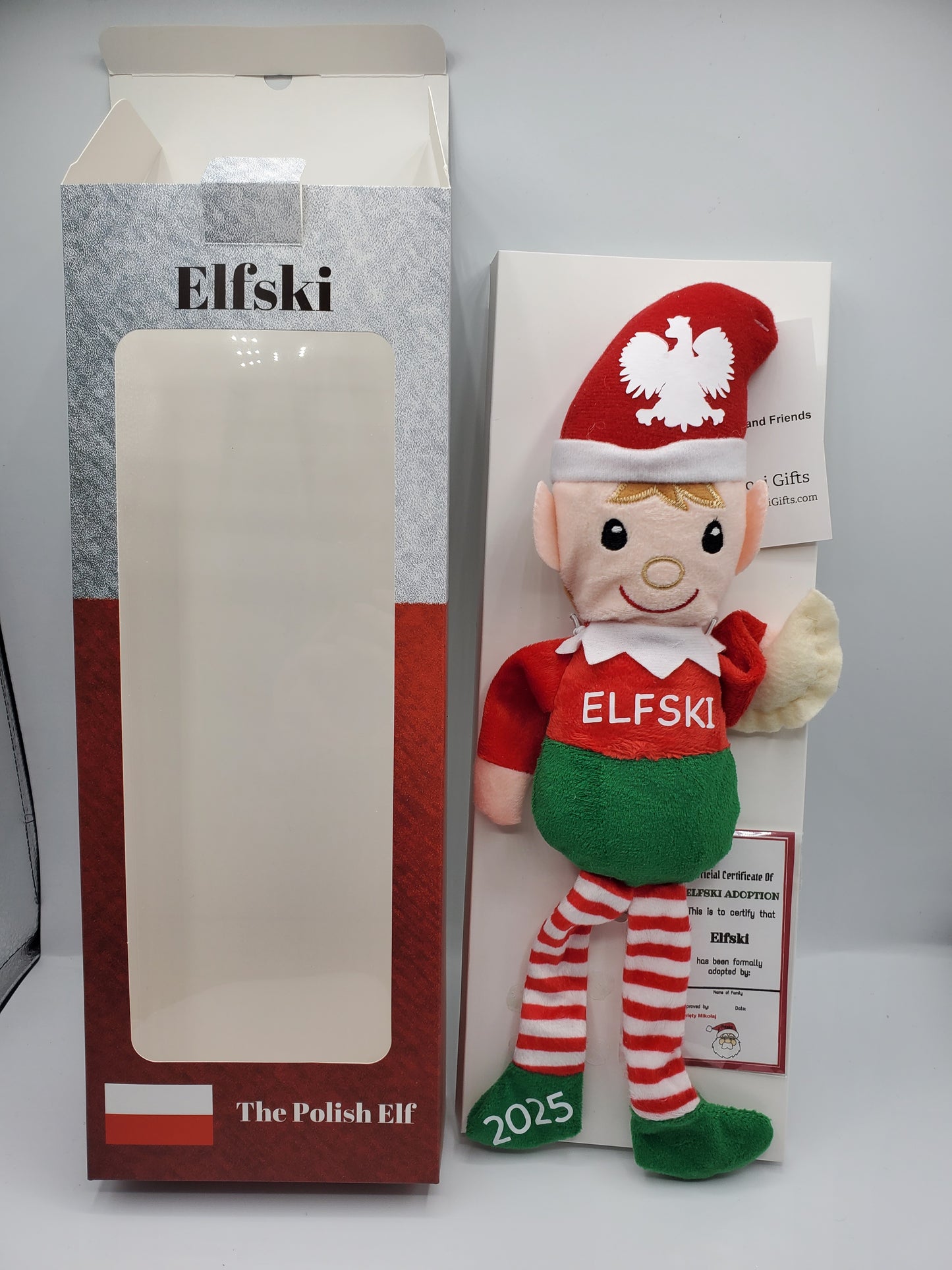 Elfski & Elski Polish Elves collectible doll with red and green outfit and striped legs by Pierogi Gifts