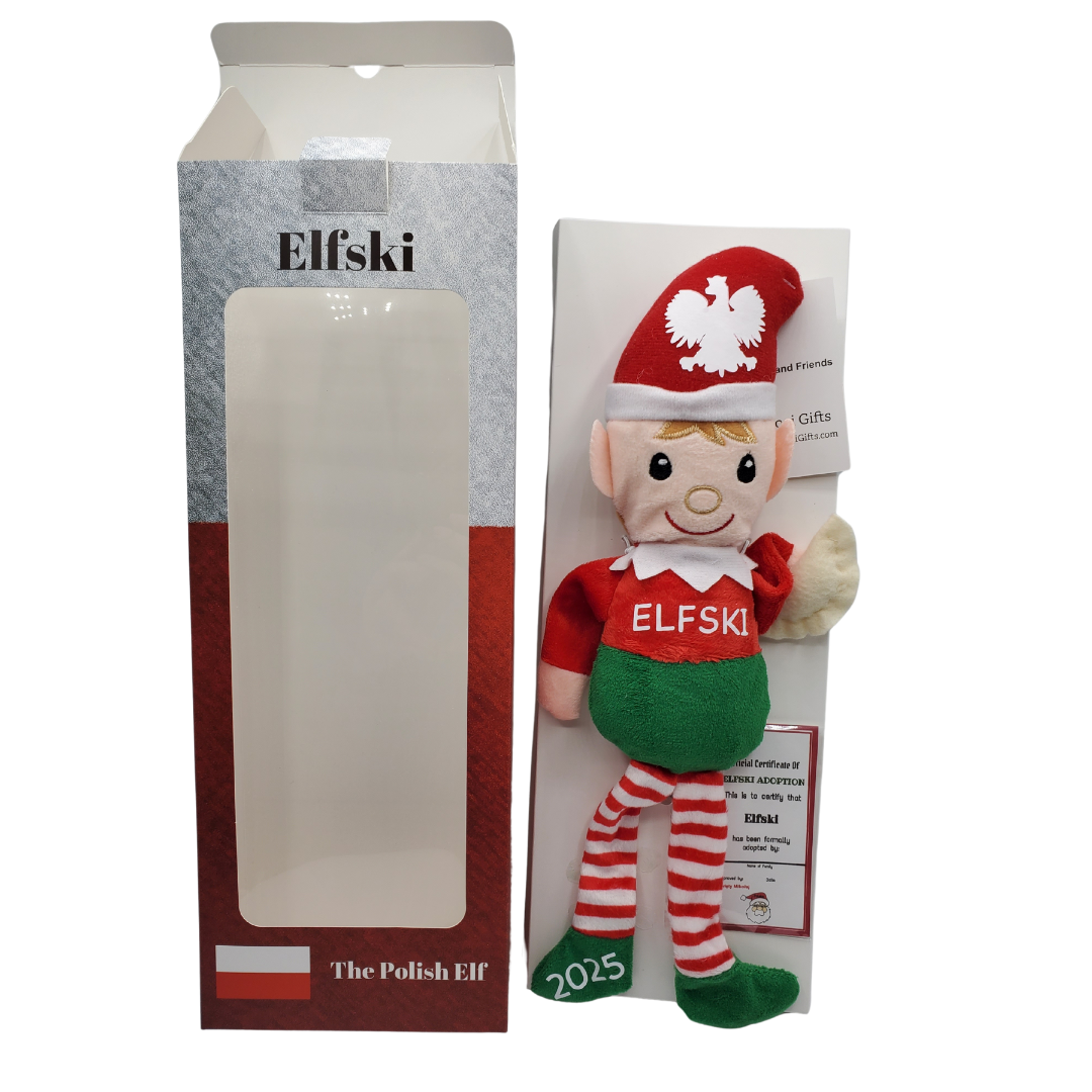 Elfski & Elski Polish Elves collectible doll in red and green outfit with box by Pierogi Gifts