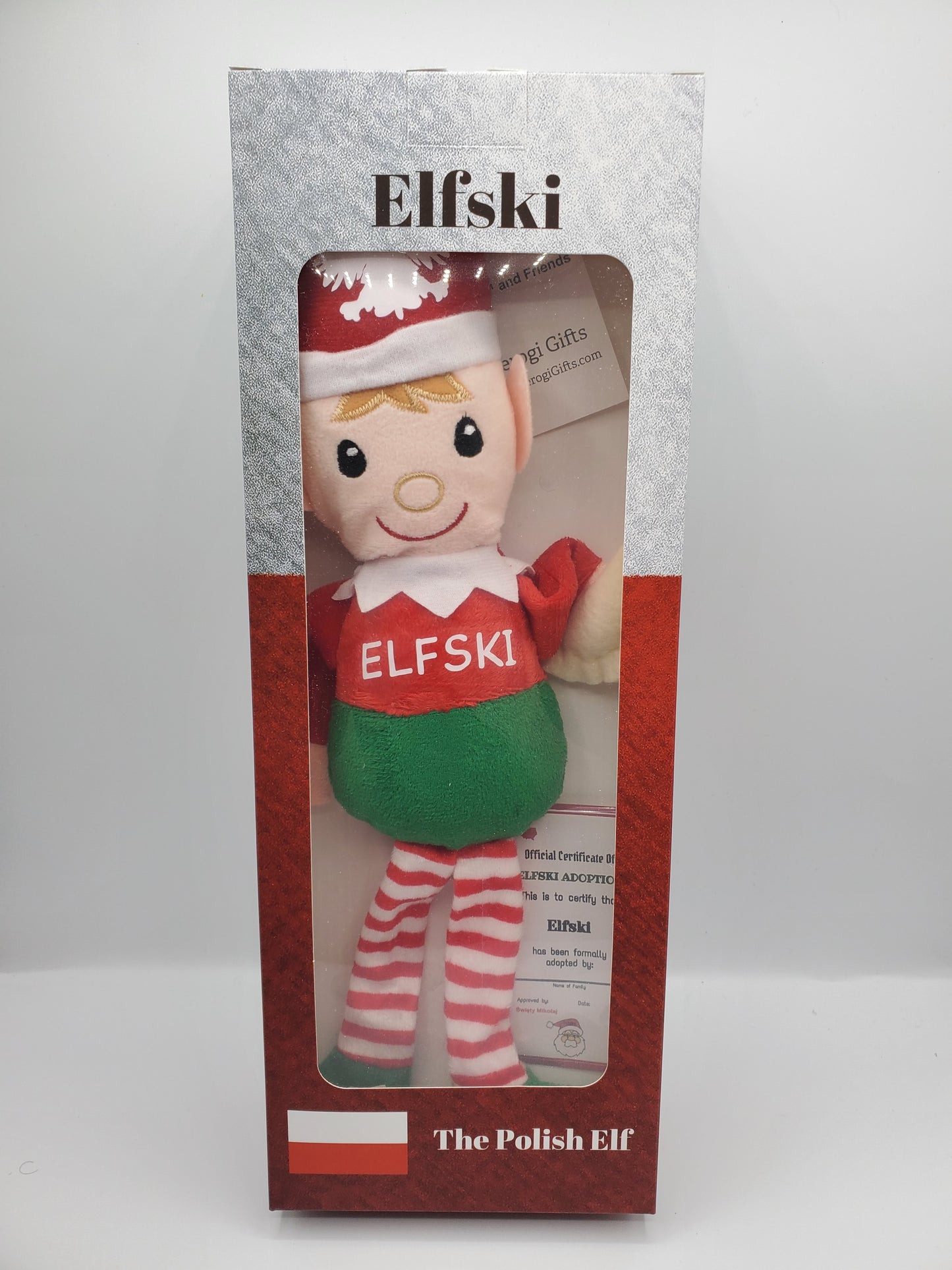 Elfski & Elski Polish Elves collectible doll by Pierogi Gifts in red and green outfit with striped legs