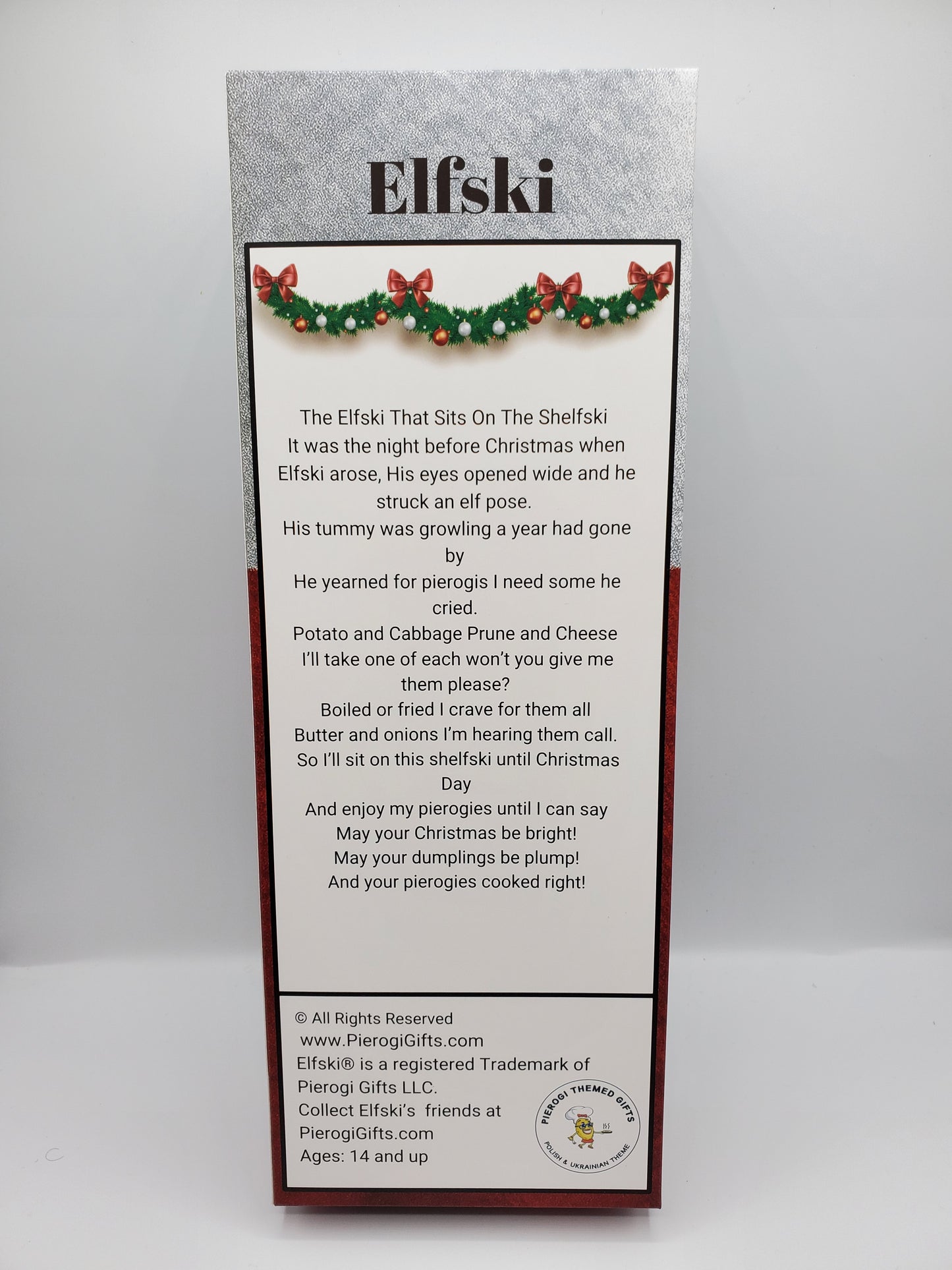 Elfski & Elski Polish Elves collectible doll box with poem and Pierogi Gifts branding
