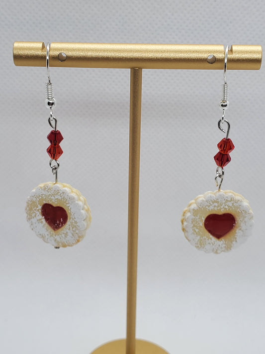 Pierogi Gifts European Linzer Earrings with red heart center and decorative white lace pattern