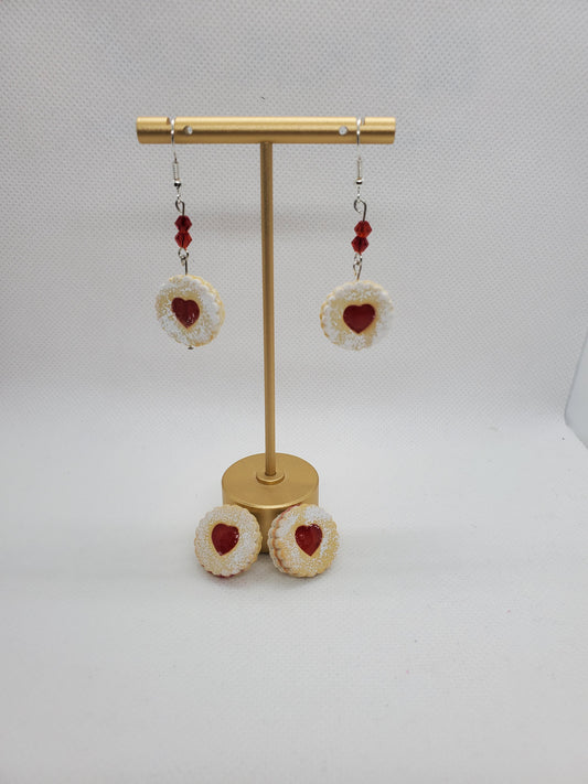 Pierogi Gifts European Linzer Earrings with heart-shaped red center and white detailed edges