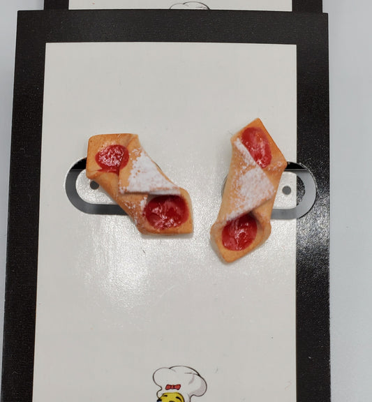 Kolache shaped earrings with red jam filling and powdered sugar from Pierogi Gifts jewelry