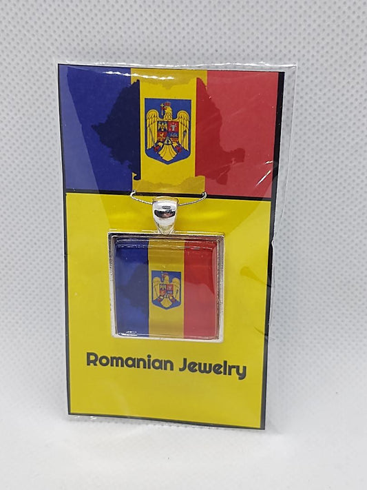 Romanian necklace stainless steel pendant featuring Romanian flag in square frame on yellow card