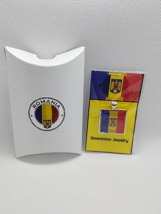 Romanian necklace stainless steel with tricolor flag pendant in gift box with Romania emblem