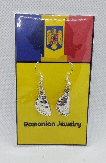 Silver Romanian pierogi earrings displayed on Romanian flag-themed card with Romanian Jewelry text