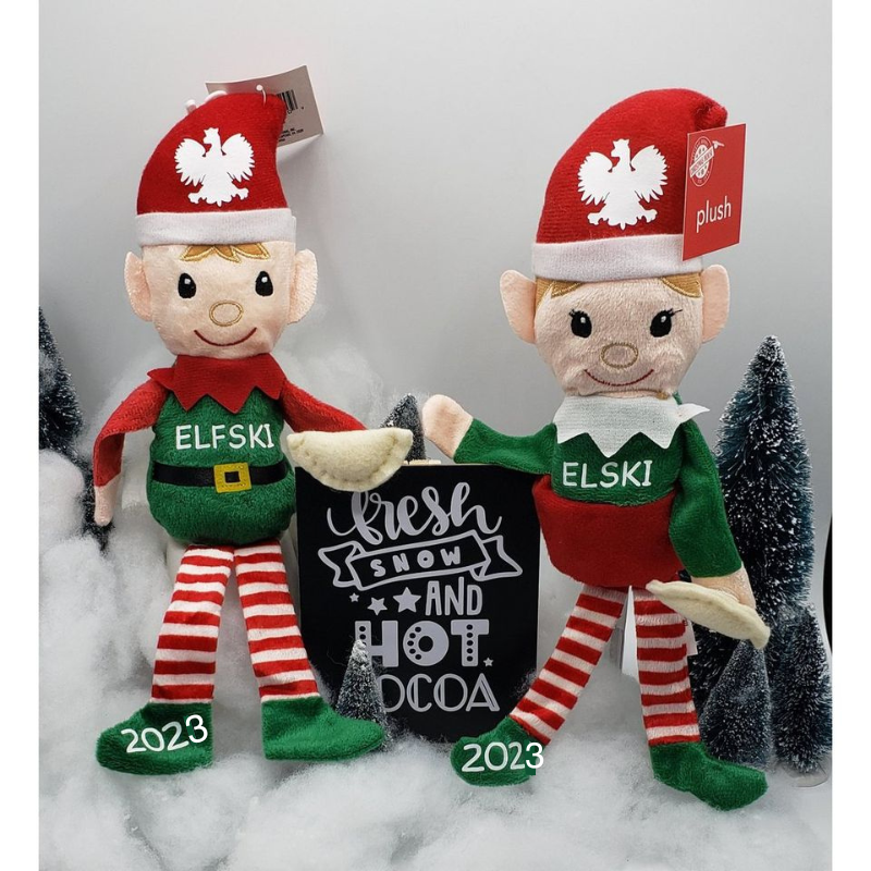 Pierogi Gifts Elfski & Elski Polish Elves collectible doll set with red and green outfits and striped stockings