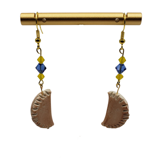 Pierogi Gifts Ukrainian dangle earrings featuring blue and yellow beads with pierogi-shaped charms