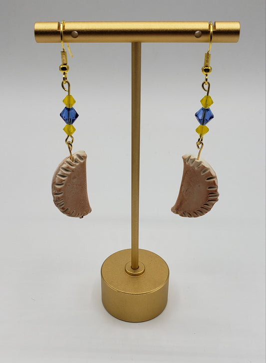 Pierogi Gifts Ukrainian dangle earrings featuring handmade pierogi charms with blue and yellow beads
