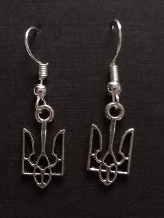 Silver Ukrainian coat of arms earrings with detailed trident design on fishhook style hooks