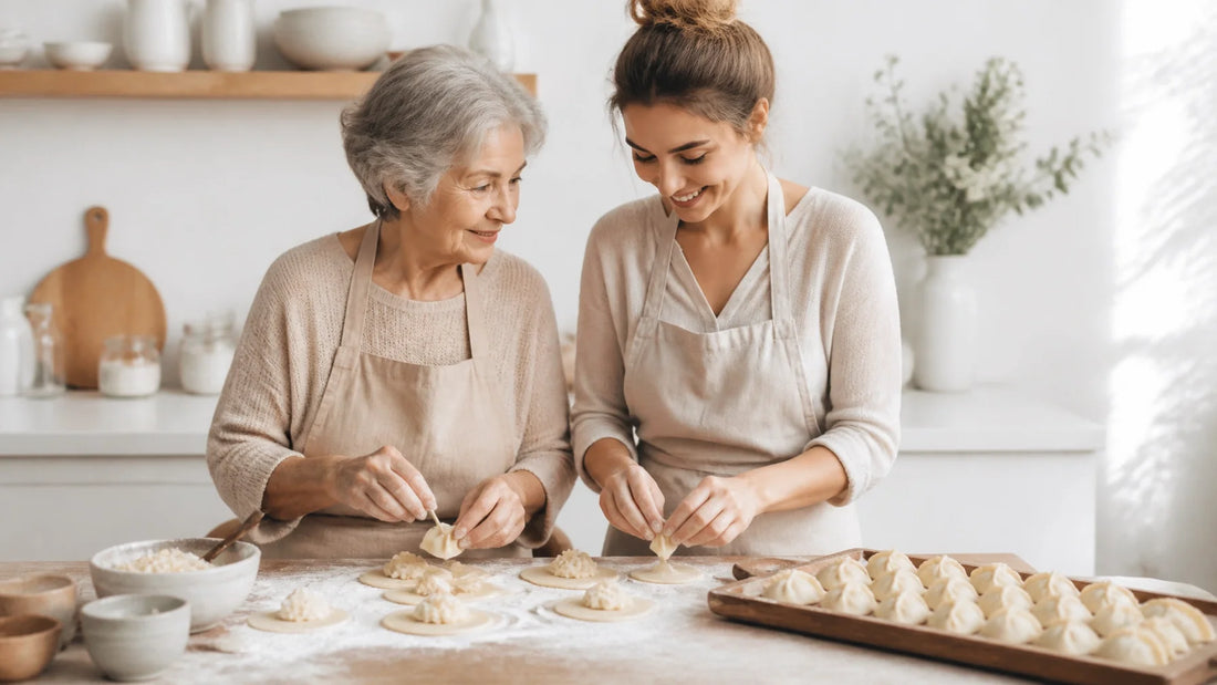 A warm, nostalgic scene of a grandmother and granddaughter making pierogi together