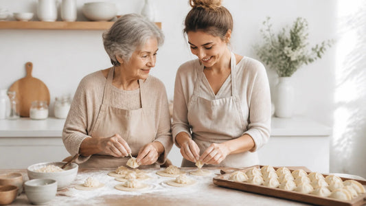 A warm, nostalgic scene of a grandmother and granddaughter making pierogi together