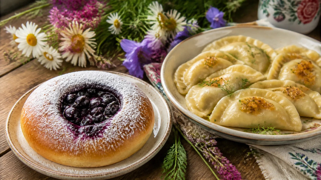 A fresh Polish jagodzianka bilberry bun and traditional pierogi side by side on a rustic wooden table