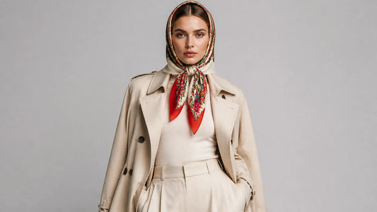 A woman modeling Slavic Core fashion with a floral headscarf and minimalist outfit.