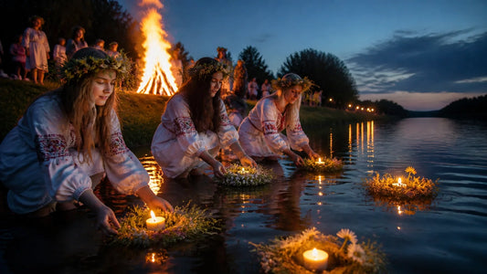Glowing bonfires and floral wreathes floating on a river during Ivana Kupala night celebrations
