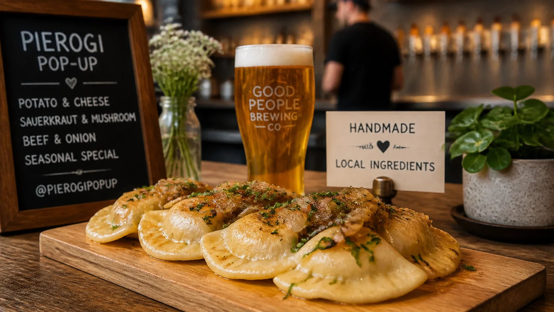 Trendy artisanal pierogi pop-up at a craft brewery with fresh dumplings and onions