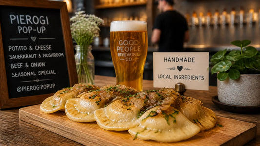 Trendy artisanal pierogi pop-up at a craft brewery with fresh dumplings and onions