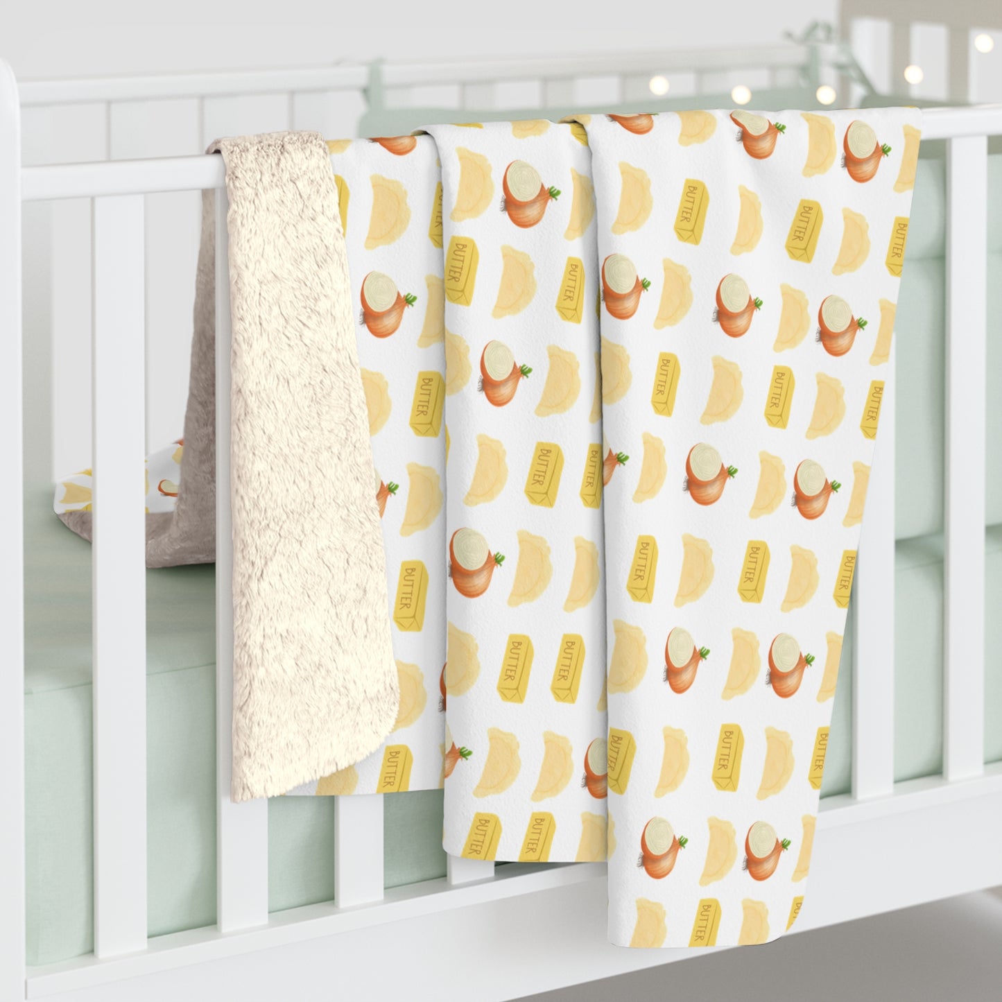 Pierogi, Onions and Butter Sherpa Fleece Blanket — Cozy Pattern Plush Throw