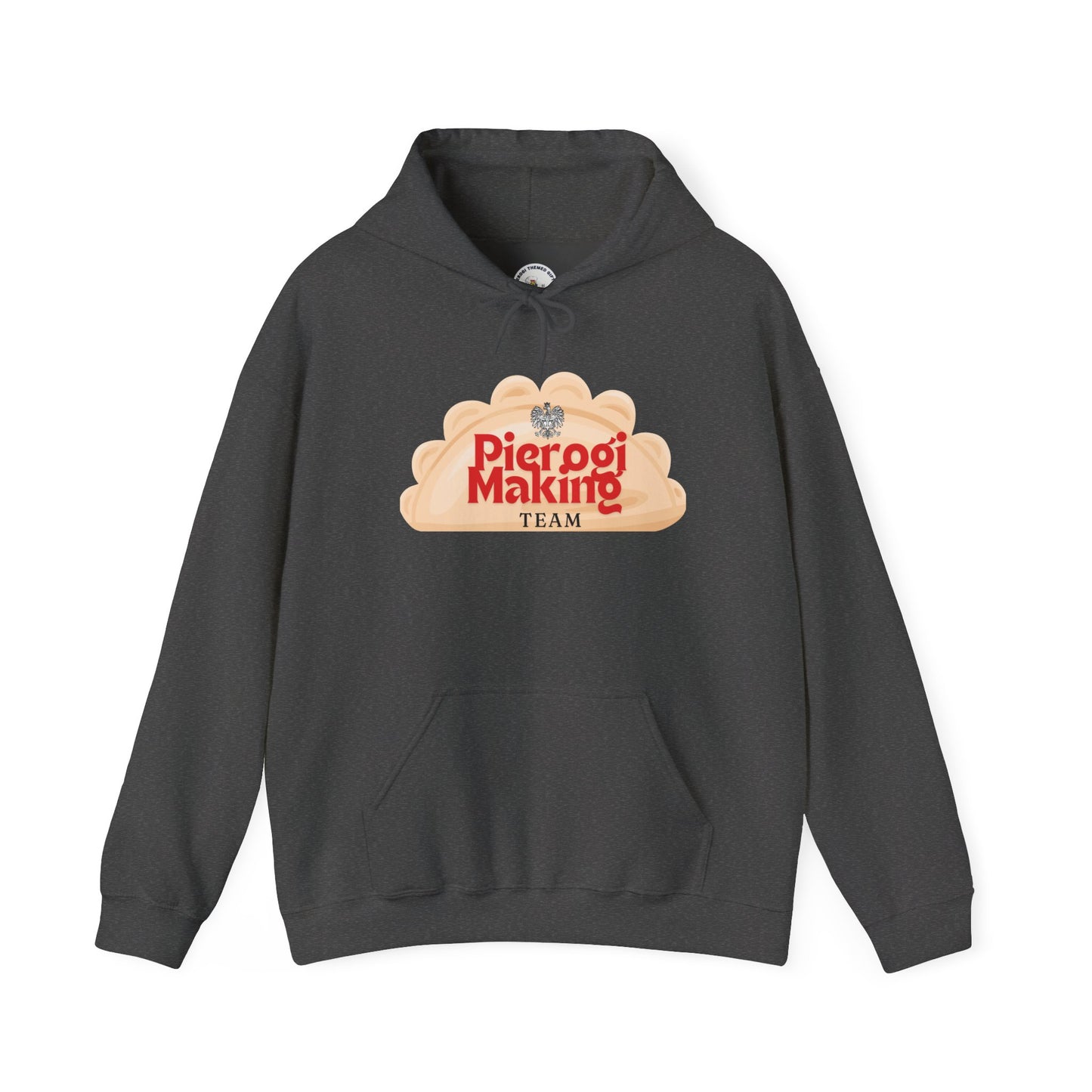 Dark heather Pierogi Making Team pullover hoodie with Polish eagle and pierogi graphic