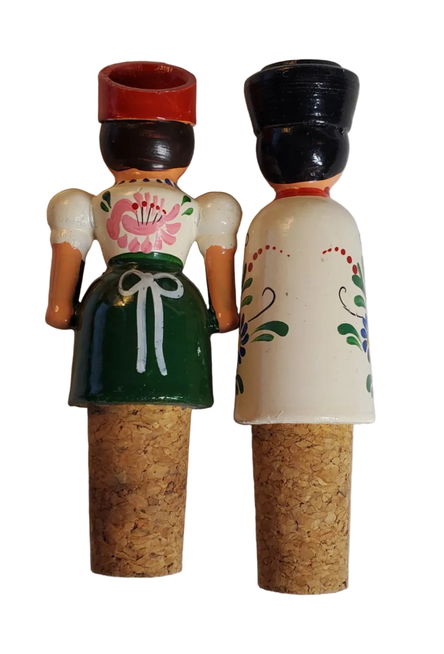 Vintage Hand-Painted Polish Folk Art Wine Bottle Stoppers – Set of 2 (Man & Woman in Traditional Dress)