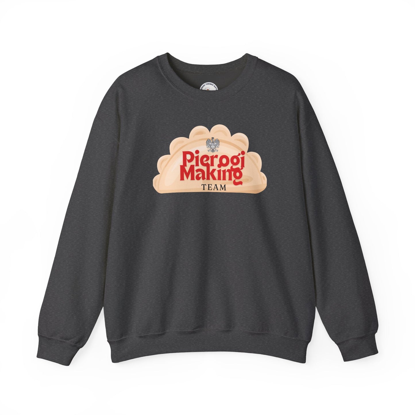 Dark heather Pierogi Making Team crewneck sweatshirt with Polish eagle and pierogi design