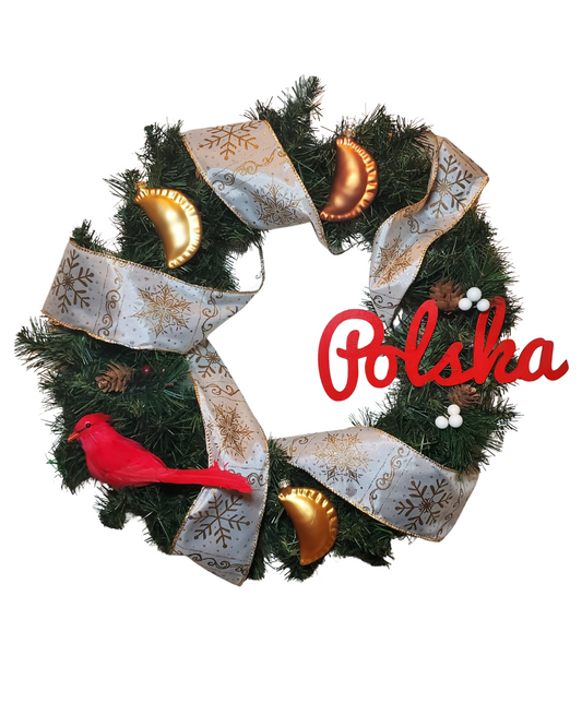 White Christmas Ribbon  Pierogi Wreath with Polska and Cardinal 18 inches #1