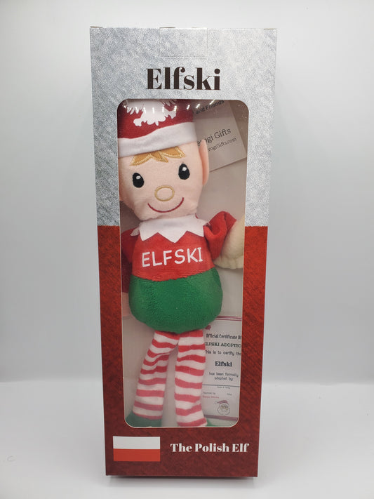 Elfski & Elski Polish Elves collectible doll by Pierogi Gifts in red and green outfit with striped legs