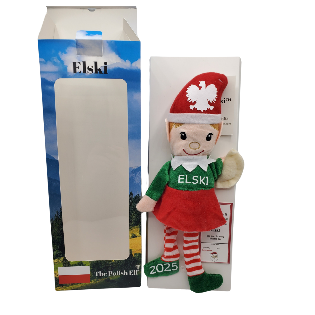 Elfski & Elski Polish Elves collectible doll dressed in red and green with 2025 tag and packaging