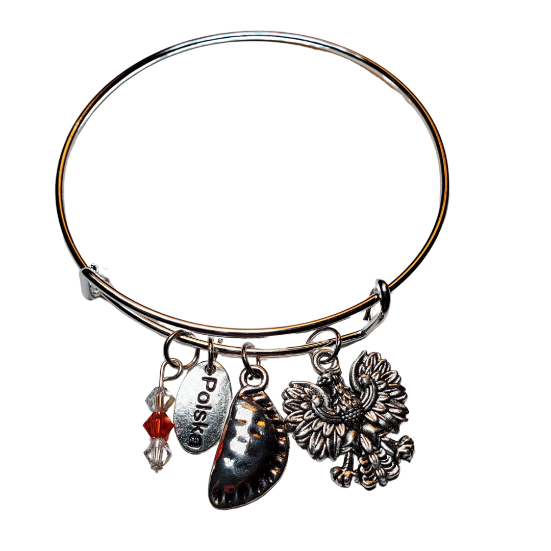Pierogi Gifts Polska themed Bracelet with silver charms including eagle, pierogi, and red white beads