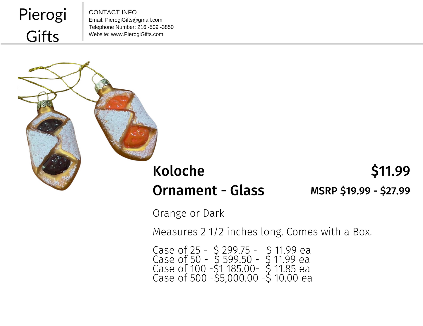 Case of Kolache Glass Ornament Wholesale Only