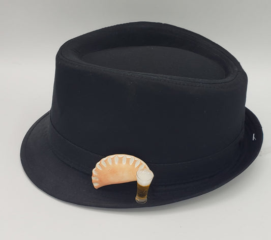 All black Fedora Hat with Pierogi and Beer